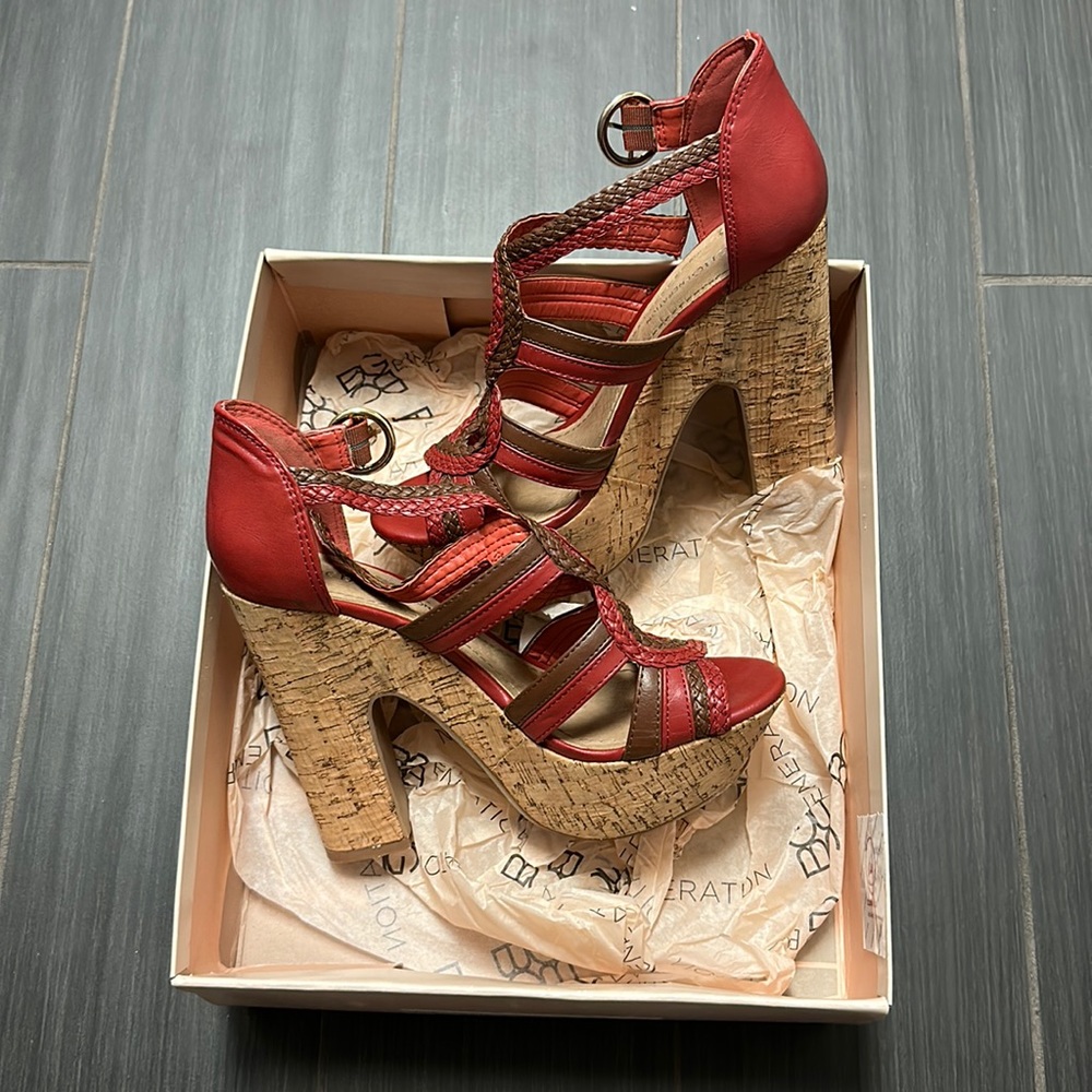 Woven BCBG cork heels